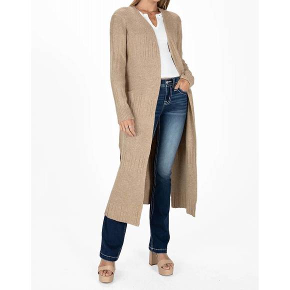 NEW MISS ME speckled knit long cardigan in multi beige - Picture 2 of 4